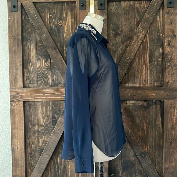 NWT Costa Blanca navy Blue sheer rhinestone collar top Sz-Small - Picture 5 of 13